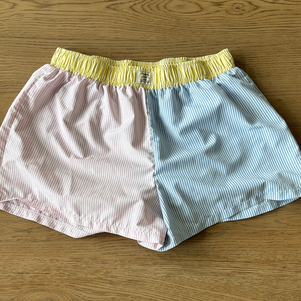 Striped Pink and Blue Shorts with Yellow Waistband